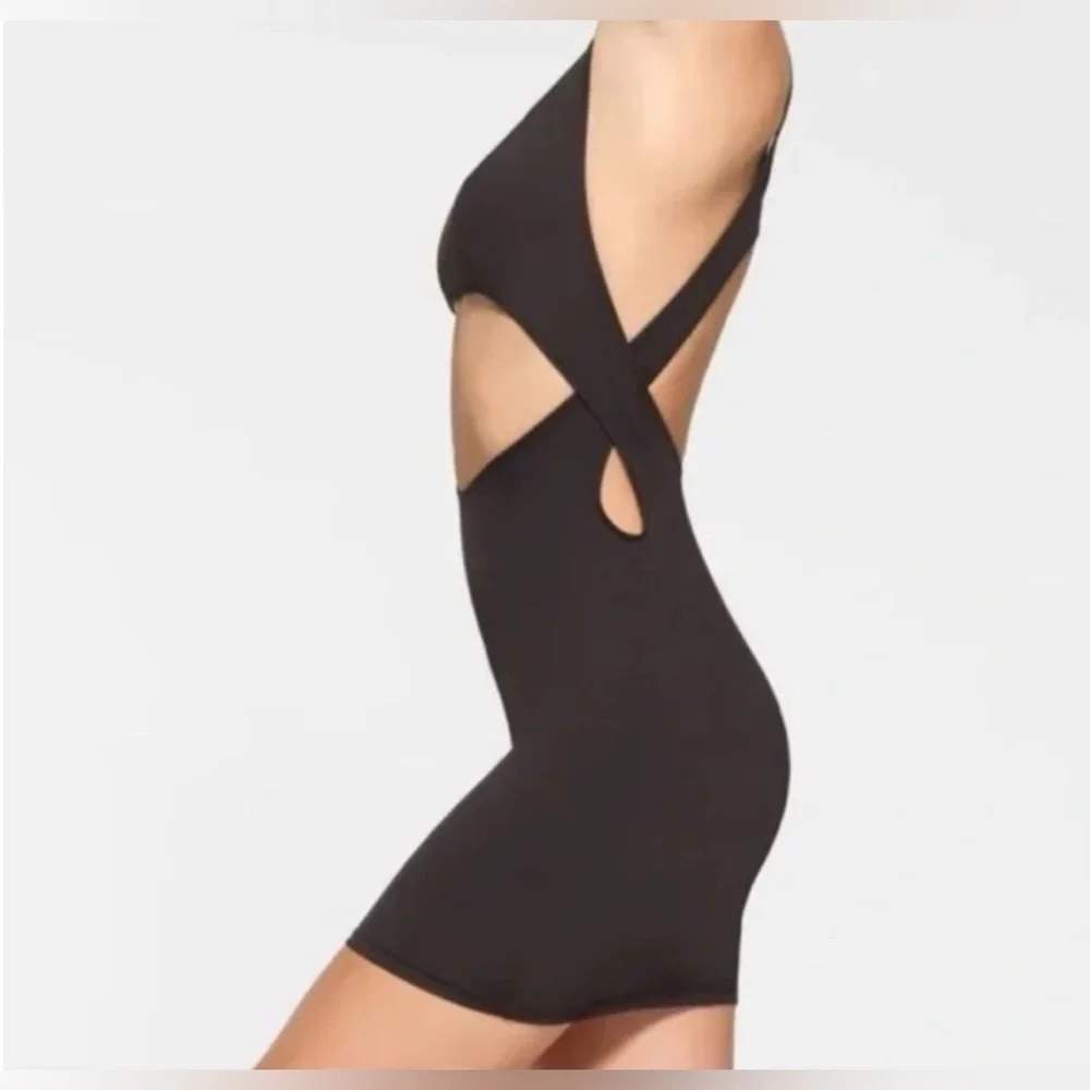 SKIMS Signature Swim Cut Out Tank Mini Beach Dress in Black. Size Small